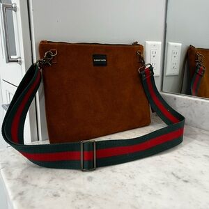 Parker Thatch Brown Suede Shoulder Bag with Green and Red Strap